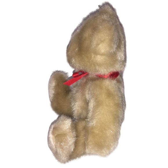 Vintage Tan Jointed Teddy Bear with Deep Red Ribbon. 7" Tall ( when sitting) - W - Picture 3 of 6
